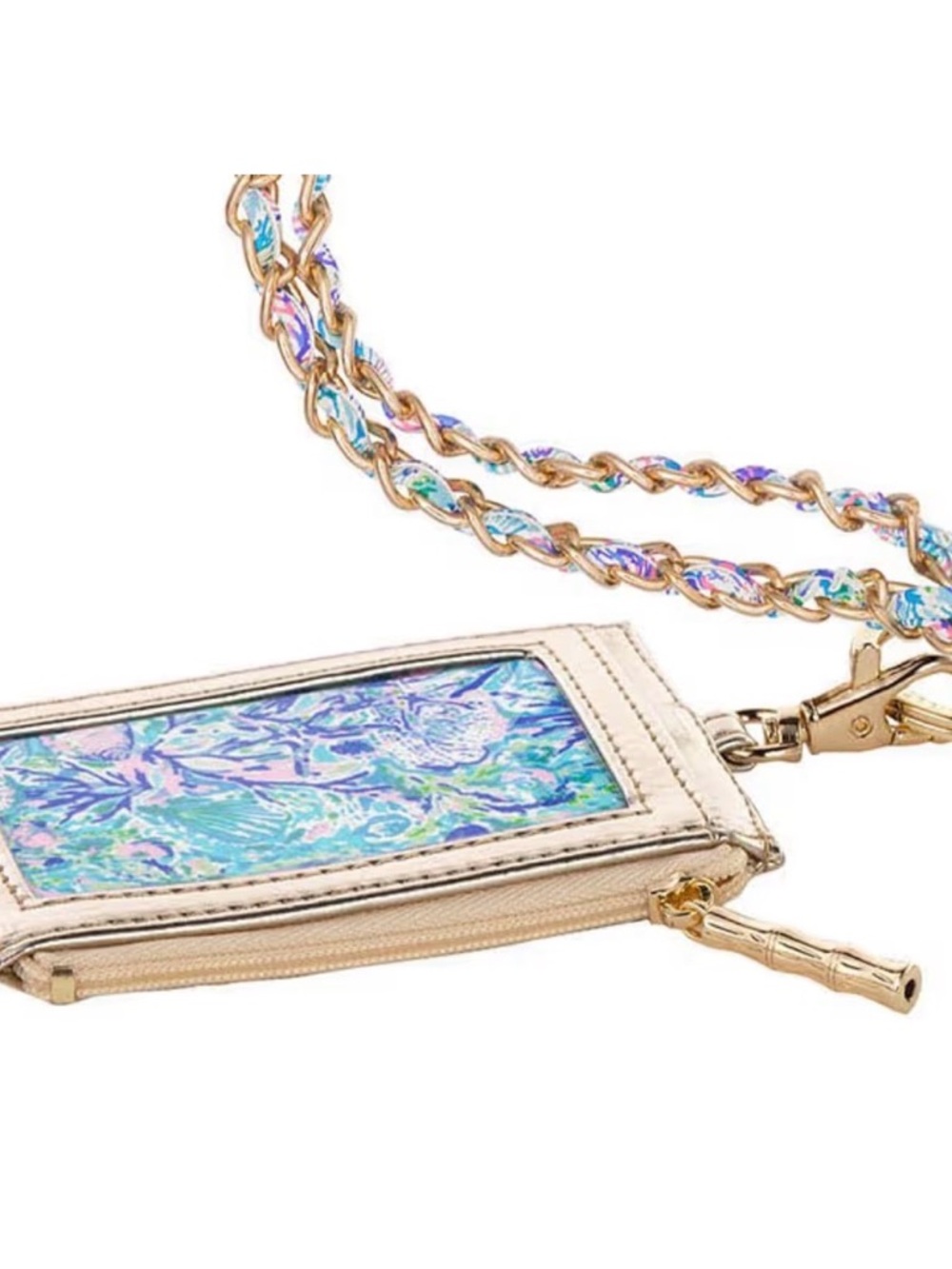 Lilly Pulitzer Gold Crossbody Card Holder with Iridescent Blue-Pink Panel